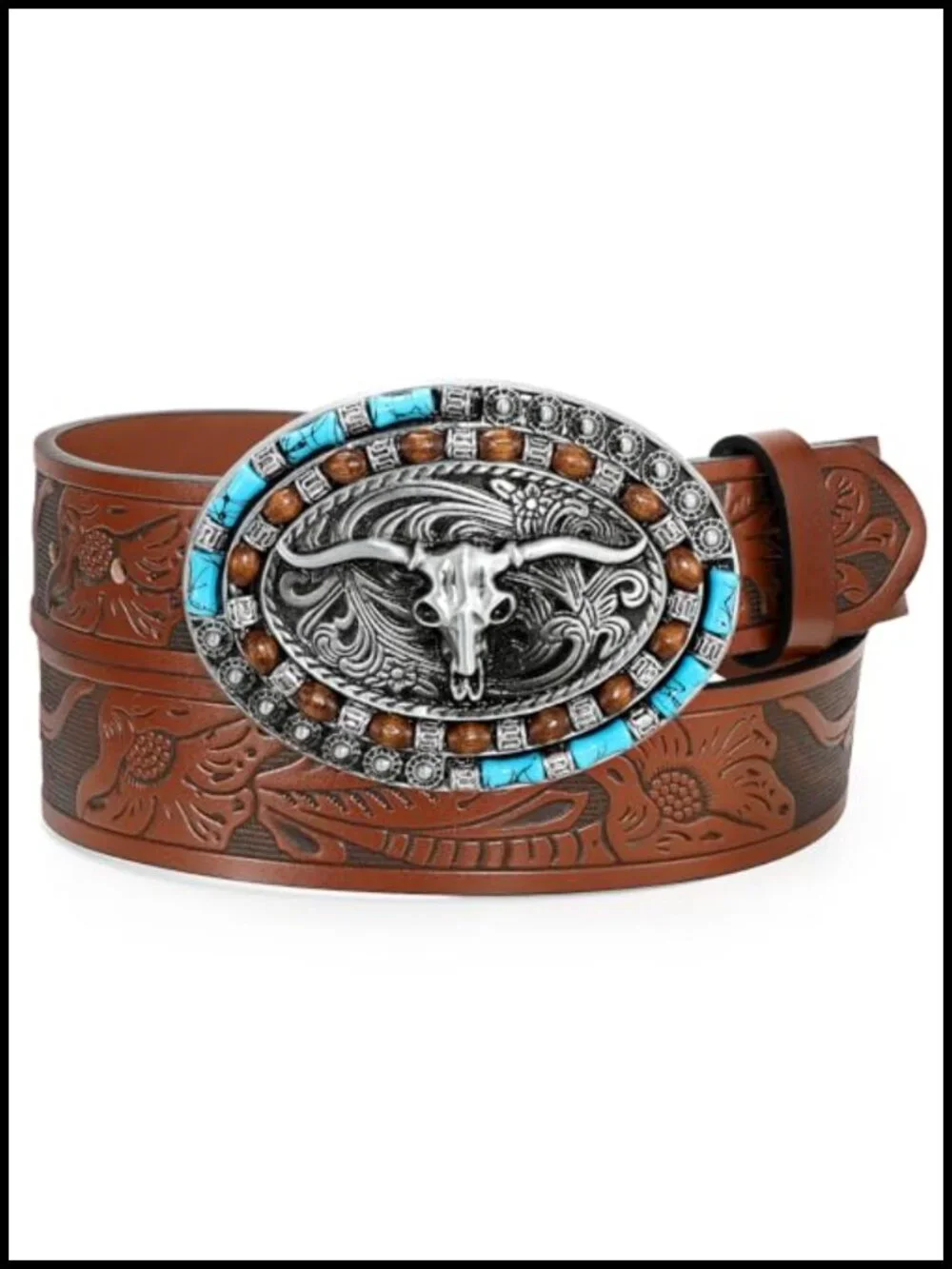 Genuine Leather Western Belt Turquoise Oval Buckle Cowboy Belt